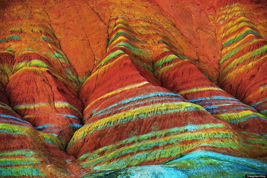 "View of colourful rock formations at the Zhangye Danxia Landform Geological Park in Gansu Province, China, 22 September 2012."