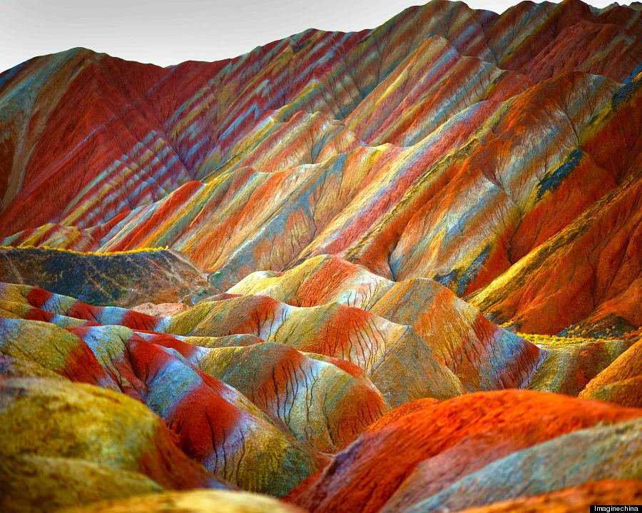 "View of colourful rock formations at the Zhangye Danxia Landform Geological Park in Gansu Province, China, 22 September 2012."