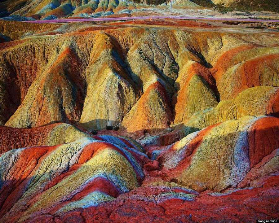 "View of colourful rock formations at the Zhangye Danxia Landform Geological Park in Gansu Province, China, 22 September 2012."
