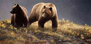 Robert Bateman - O fotógrafo de mão cheia Pintura detalhada de dois ursos pardos em um rio por Robert Bateman