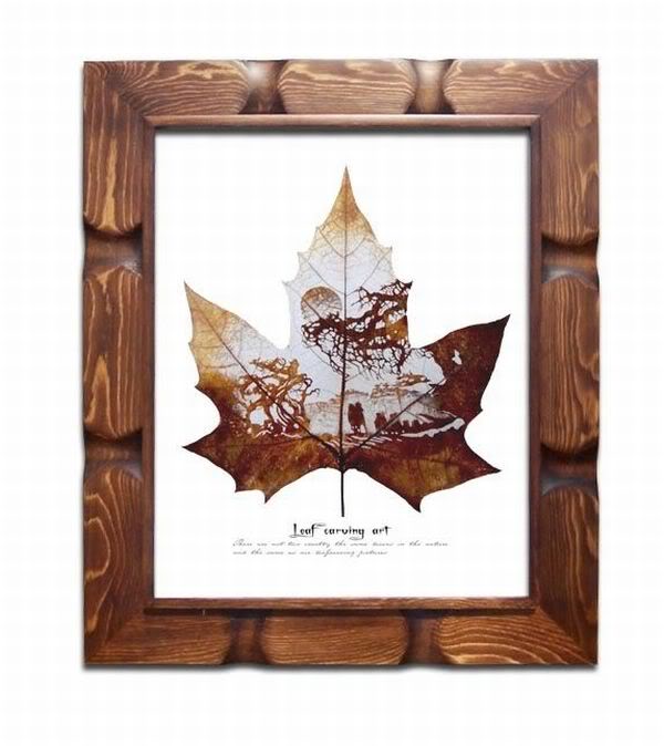 Leaf carving - a arte de esculpir em folhas Exemplo final de leaf carving com uma cena detalhada, demonstrando a versatilidade da arte