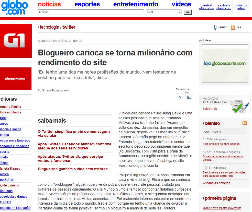 Mundo Gump em destaque do G1 noticiafeliz2